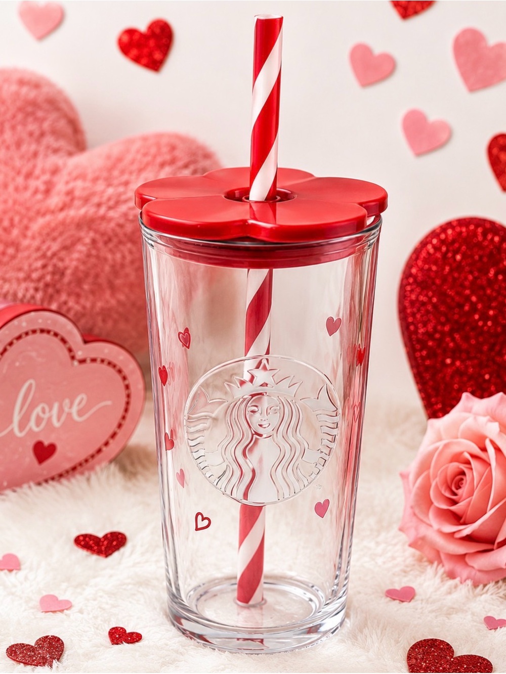 NWT Starbucks 2026 Valentine Red Heart Glass Tumbler Cup